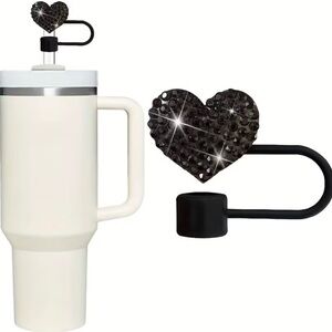 Heart Shaped Black Rhinestone Straw Cover